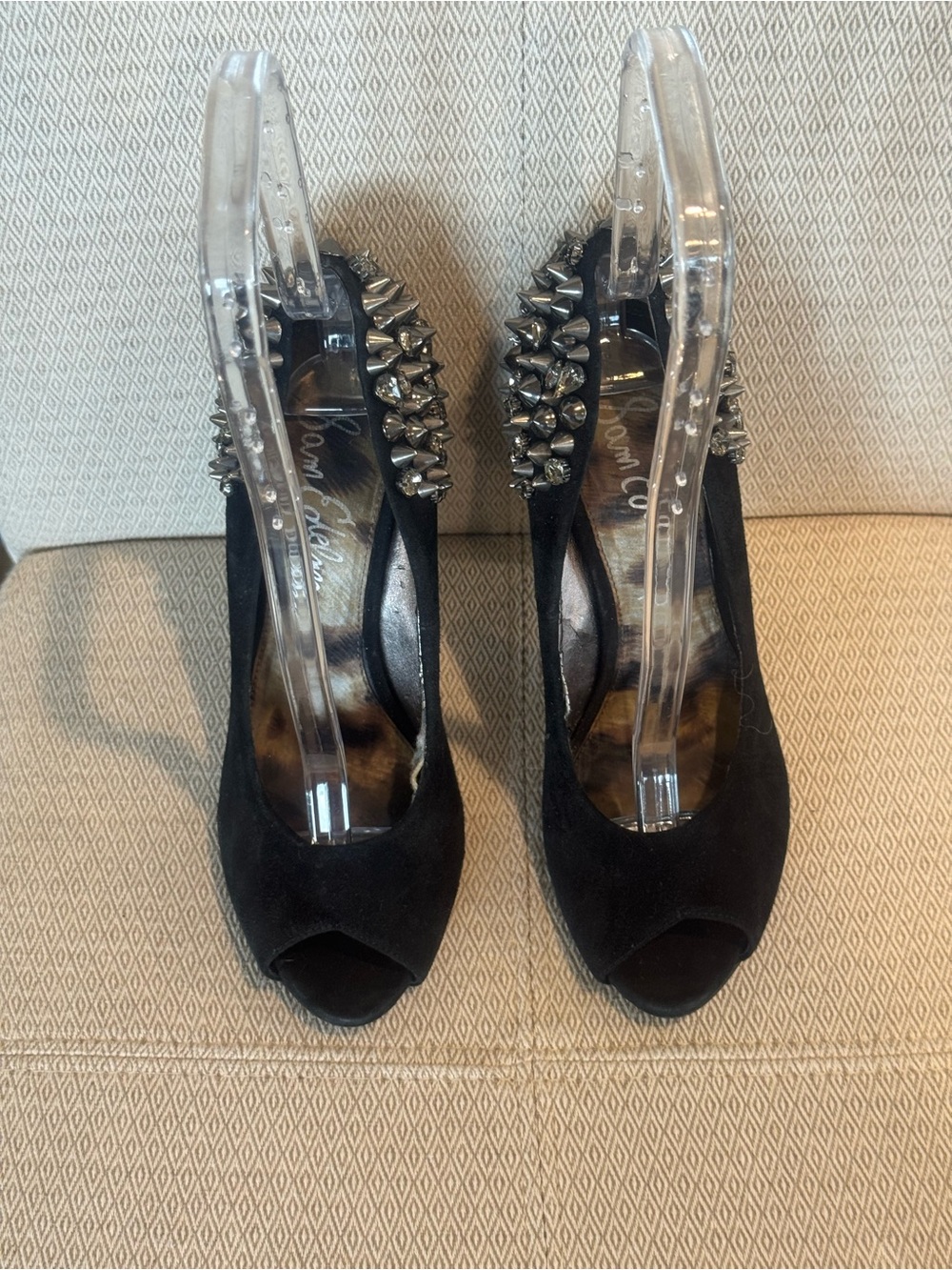 Sam Edelman Black Suede Peep-Toe Heels with Spike Embellishments - Picture 2 of 10